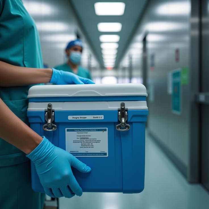 Temperature-controlled medical transport container handled by healthcare staff