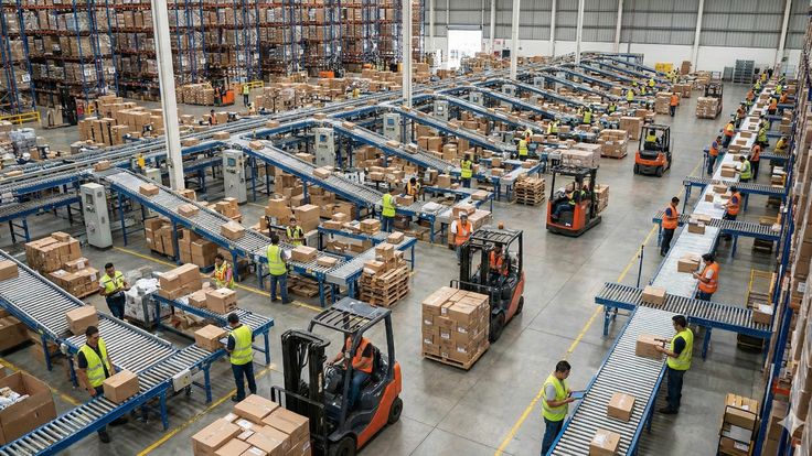 Elevated view of warehouse conveyors, picking stations, forklifts and staff coordinating order fulfilment