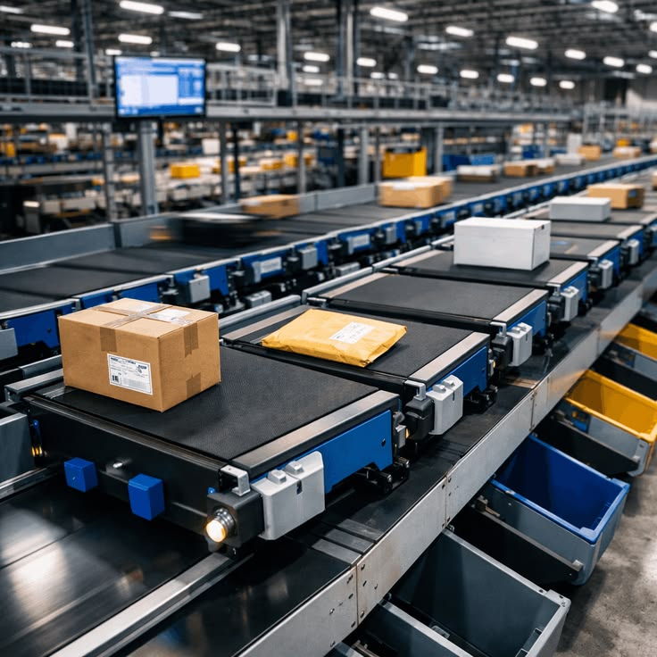 Automated cross-belt sorting conveyors in a modern distribution centre