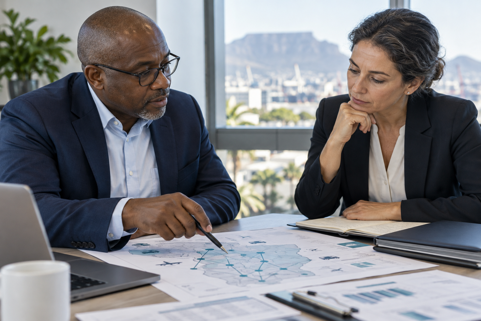 Illustrative industry representatives reviewing supply-chain policy and compliance documents