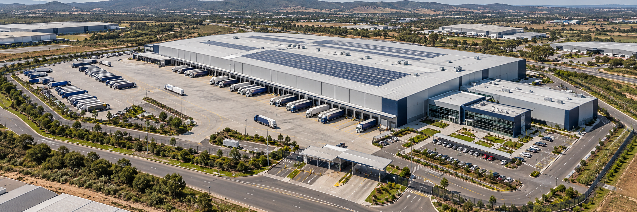 Illustrative aerial view of a large modern distribution centre with loading bays, freight vehicles and solar panels