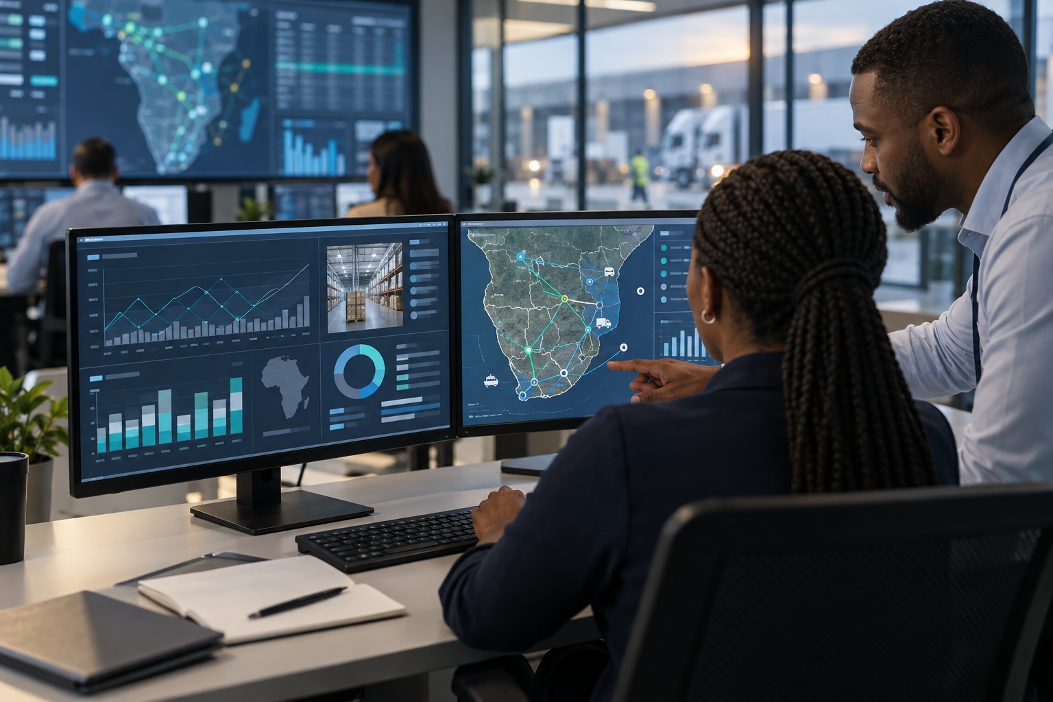 Illustrative analysts reviewing pharmaceutical logistics intelligence and supply-chain dashboards