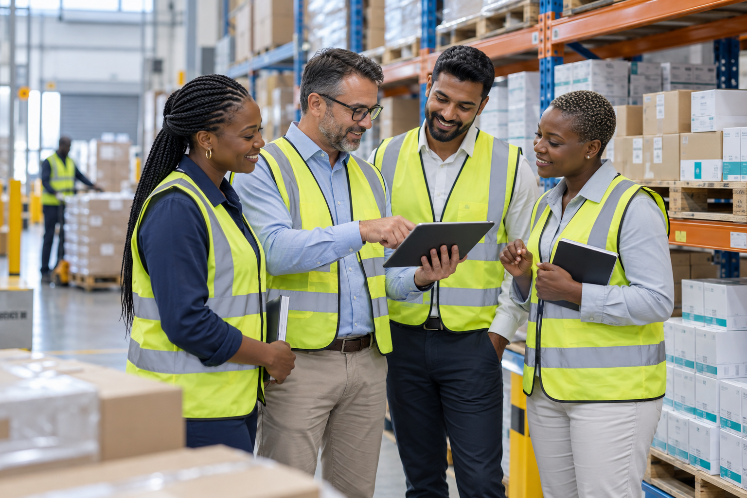 Illustrative pharmaceutical logistics professionals collaborating in a warehouse