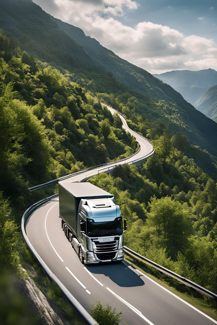 Truck travelling along a winding mountain road
