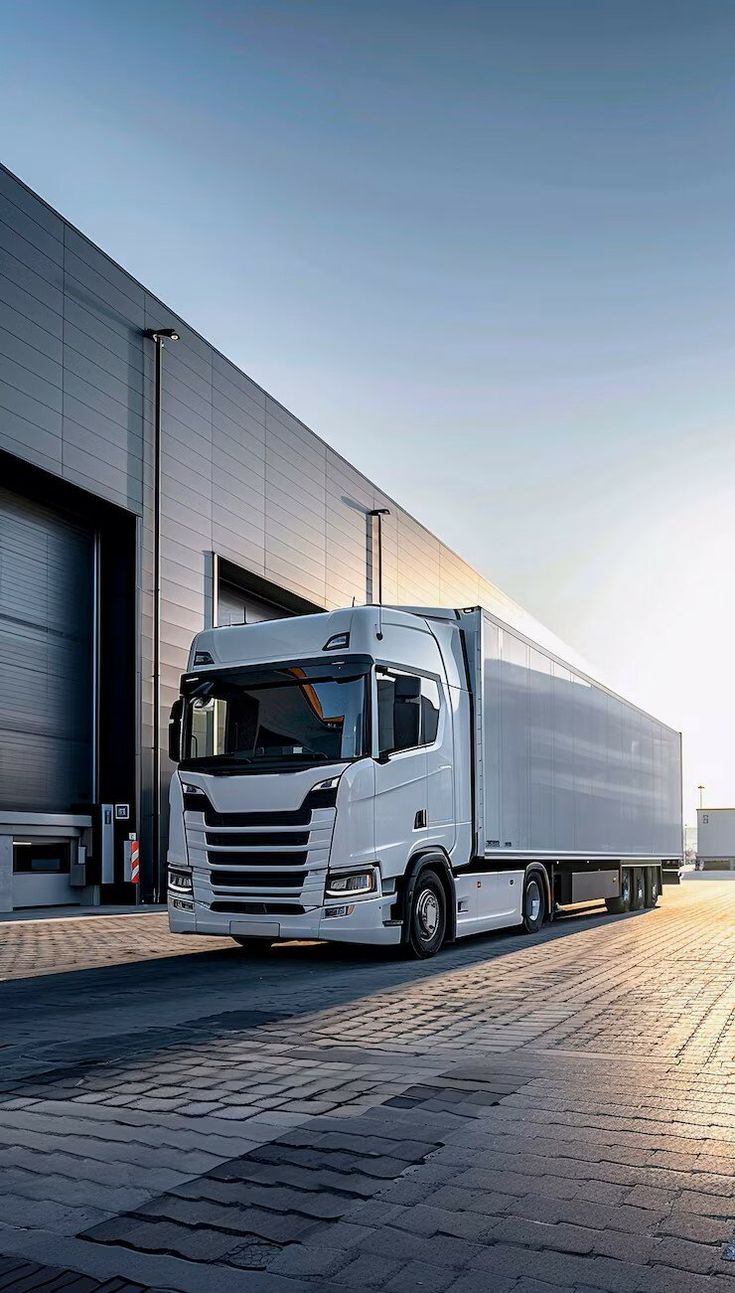 Distribution truck outside a modern warehouse